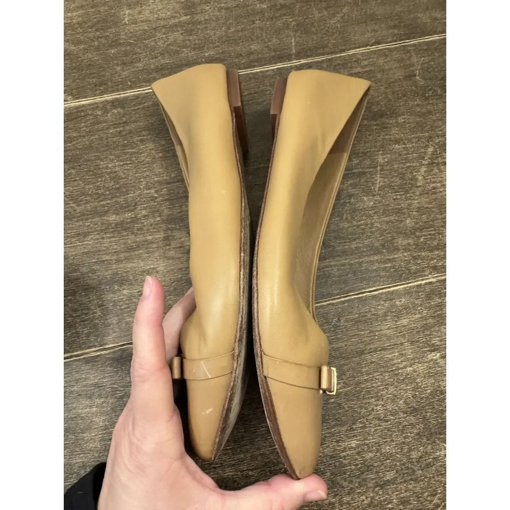 TORY BURCH BEIGE LEATHER HUGO‎ BOW POINT TOE GOLD REVA BALLET FLATS Size 8.5